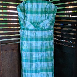 J. CREW Strapless Blue Green Plaid Silk Sheath